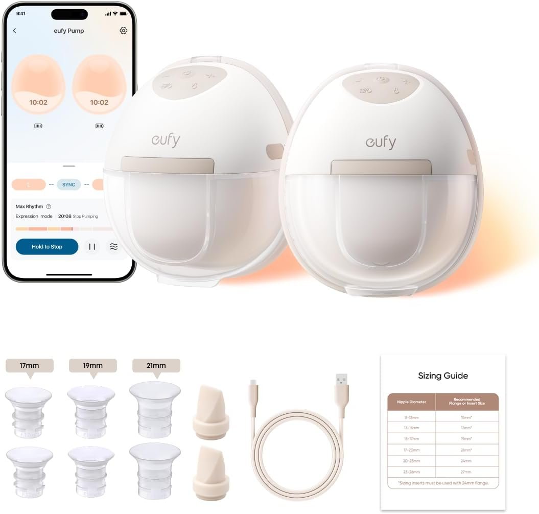 eufy Security Heated Breast Pump Hands-Free E20, Wearable with Innovative HeatFlow, 3 Heat Levels, Optimized Rhythm via App, 300 mmHg Strong Suction, Leakproof, Ultra-Slim and Quiet for in-Bra Use