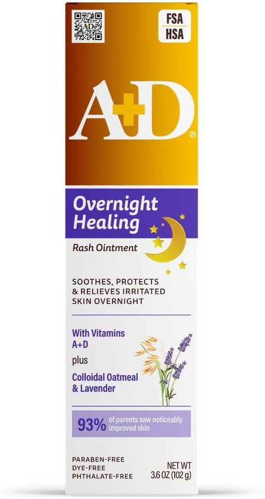 A+D Overnight Healing Diaper Rash Ointment – Soothes, Protects & Relieves Diaper Rash Overnight with Lavender & Colloidal Oatmeal – Healing Ointment for Red, Itchy, Irritated Skin – 3.6oz