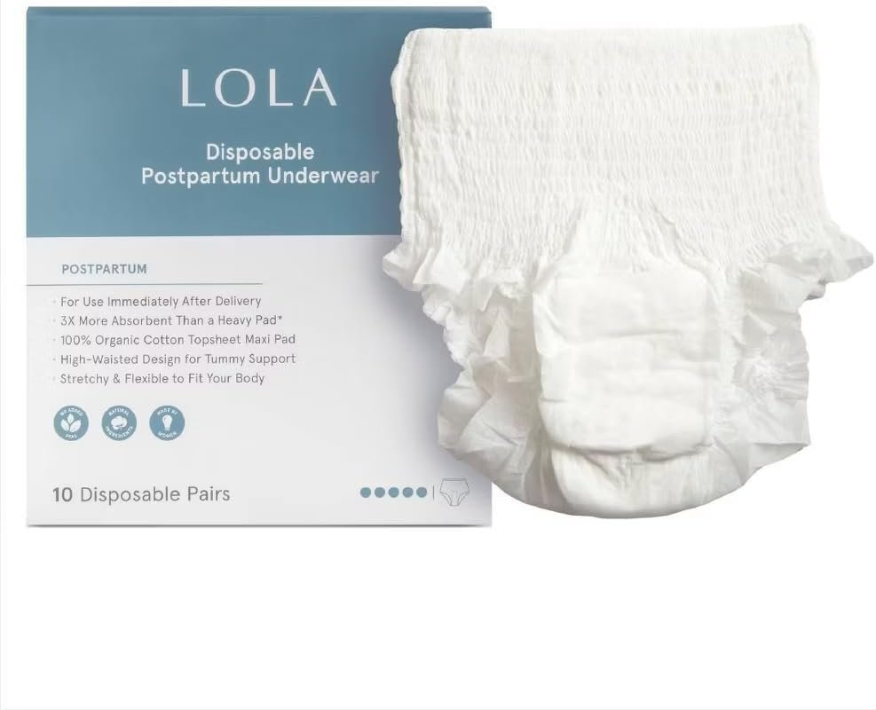 LOLA Postpartum Underwear with Organic Cotton Max Absorbency for Postpartum Bleeding – Pregnancy Hospital Bag Essentials – 10 Count