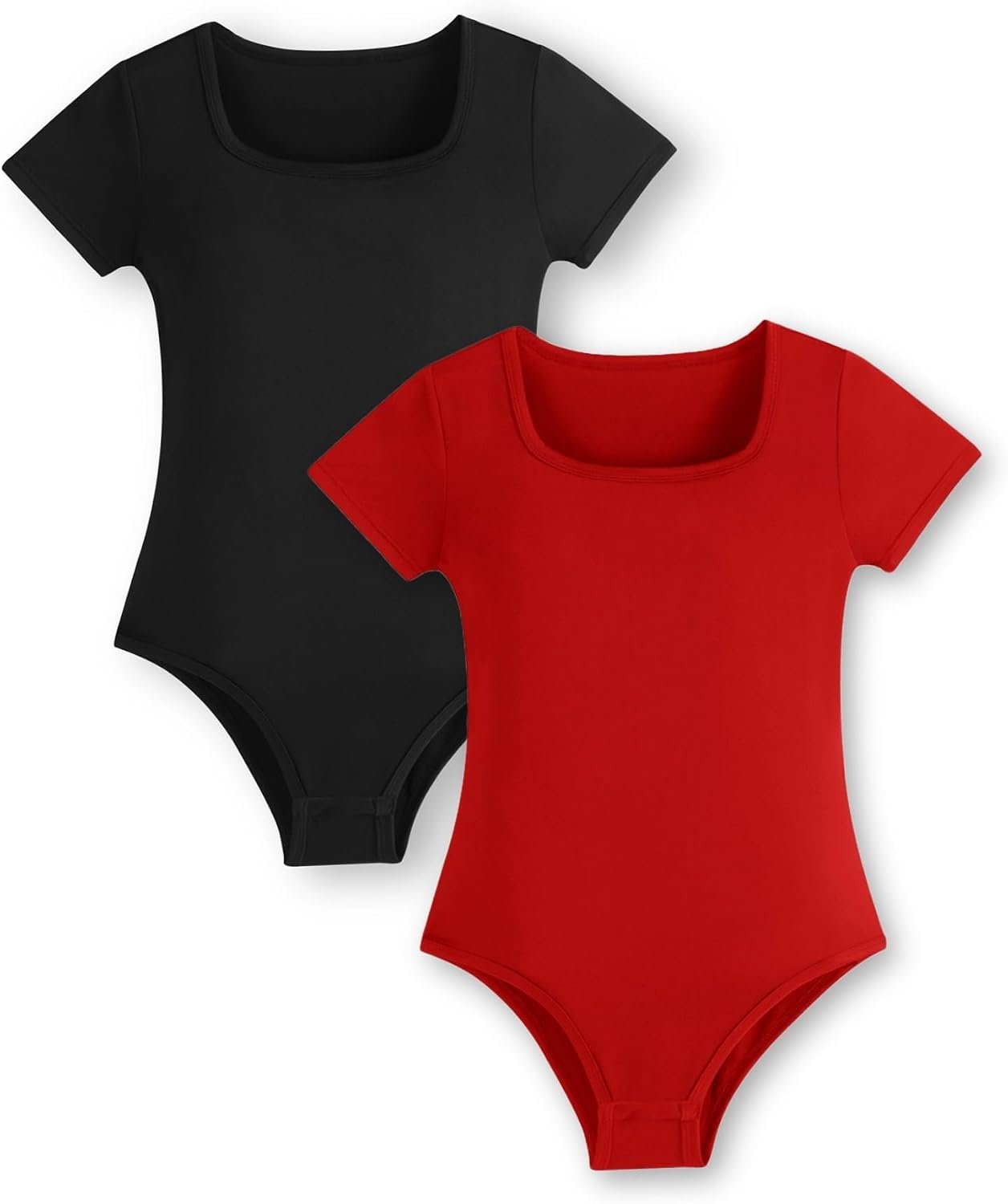 EXARUS Girls 2 Pack Bodysuit Leotards Casual Short Sleeve Scoop Neck Casual Gymnastics Dance Kids Solid Tops