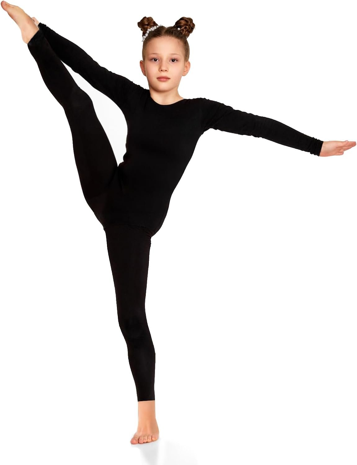 Goaste Girls Full Body Long Sleeve Unitard, One Piece Girls Black Catsuit, Scoop Neck Gymnastics Ballet Dance Bodysuits