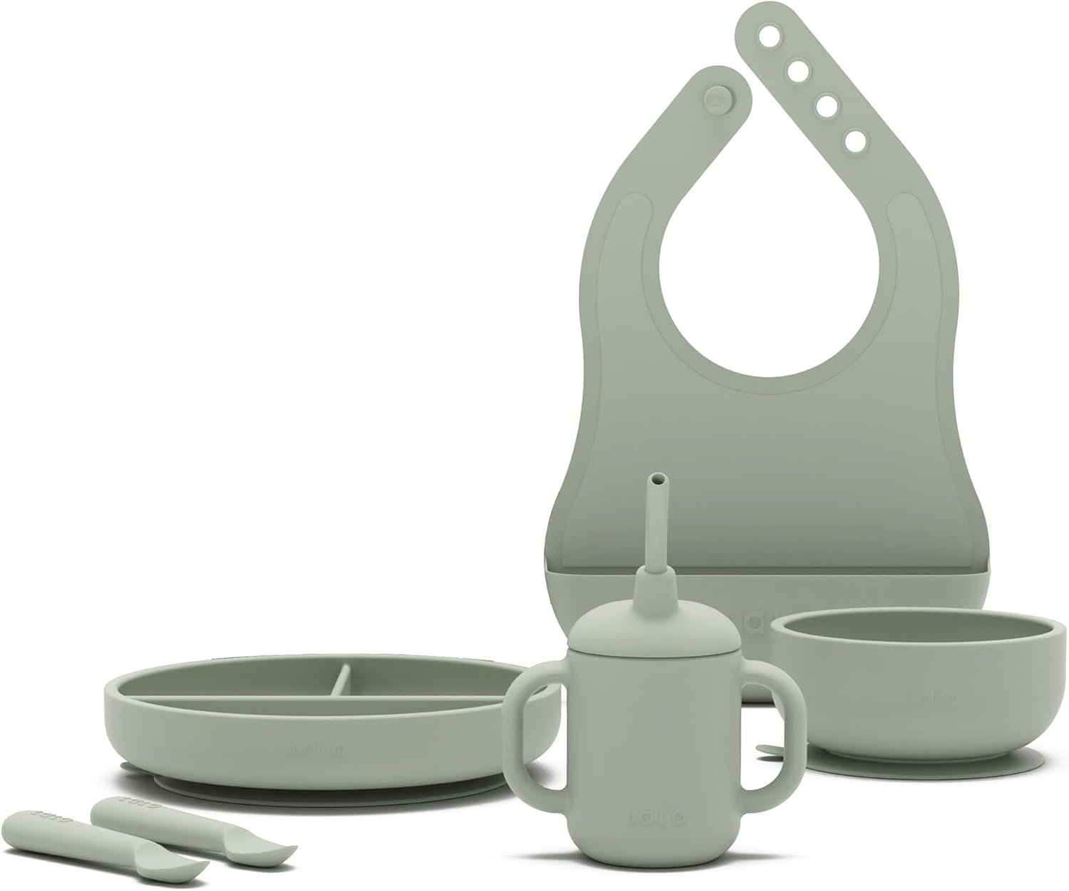 Lalo First Bites Silicone Baby Feeding Set – Baby Led Weaning Supplies – Non-Toxic Silicone – Includes 1 Bib, 2 Spoons, Training Cup, Suction Plate and Bowl – 6 Pieces – Sage