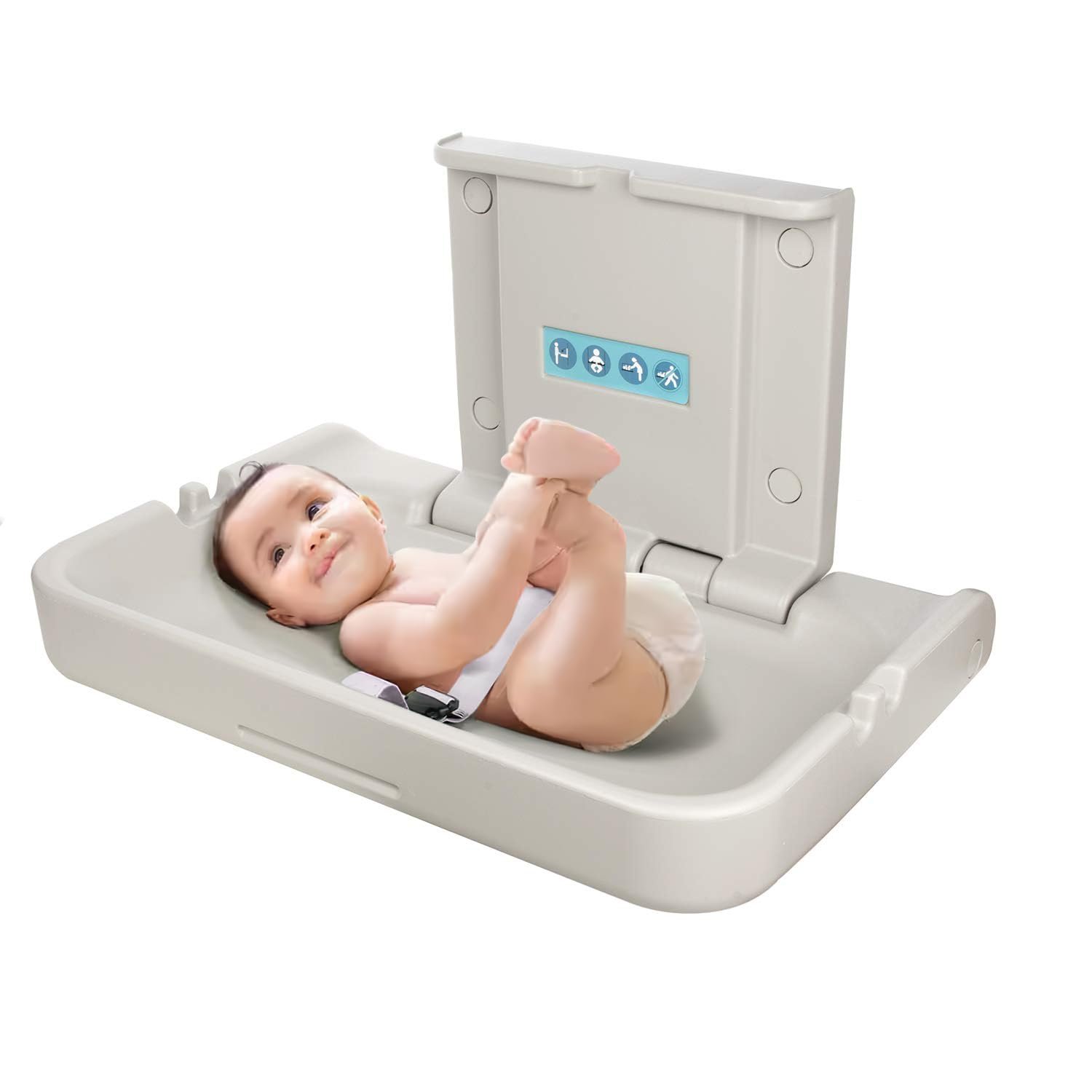Wall Mounted Baby Changing Station – Horizontal Baby Changing Table Foldable Diaper Tables with Safety Strap for Commercial Bathroom，White Granite