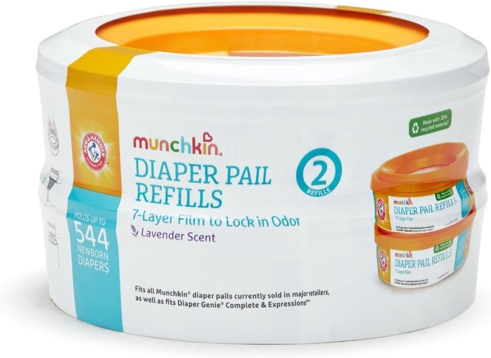 Munchkin Arm & Hammer Diaper Pail Refills, 2 Pack Holds Up to 544 Newborn Diapers, Lavender Scented Diaper Disposal Refills
