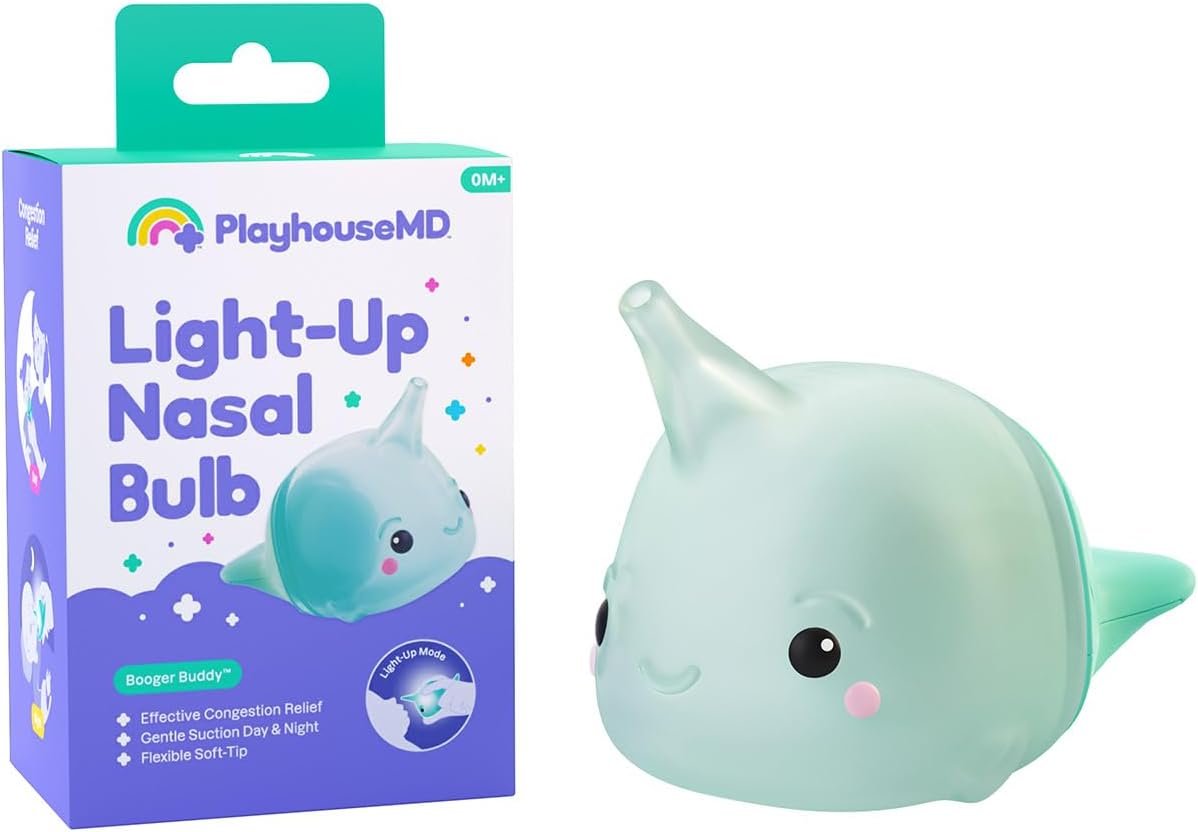 Playhouse MD Booger Buddy Nasal Aspirator Bulb, Narwhal – with LED Light for Babies & Toddlers – BPA-Free Snot Remover for Infant Stuffy Nose and Congestion Relief – Easy to Clean Design
