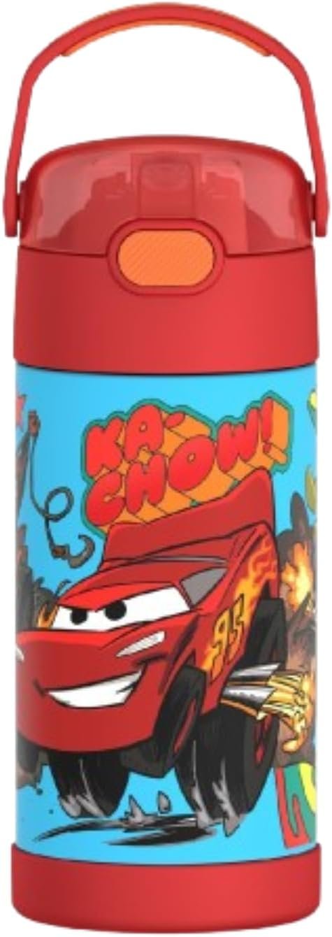THERMOS FUNTAINER Water Bottle with Straw – 12 Ounce – Kids Stainless Steel Vacuum Insulated Water Bottle with Lid, Cars
