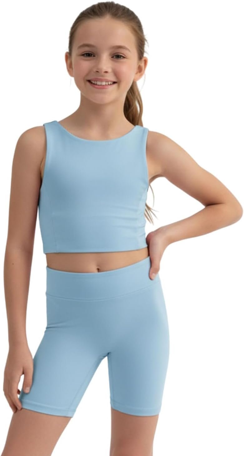 WELAKEN Girls 2 Piece Athletic Outfit Kids Yoga Crop Tank Top and Biker Shorts Set