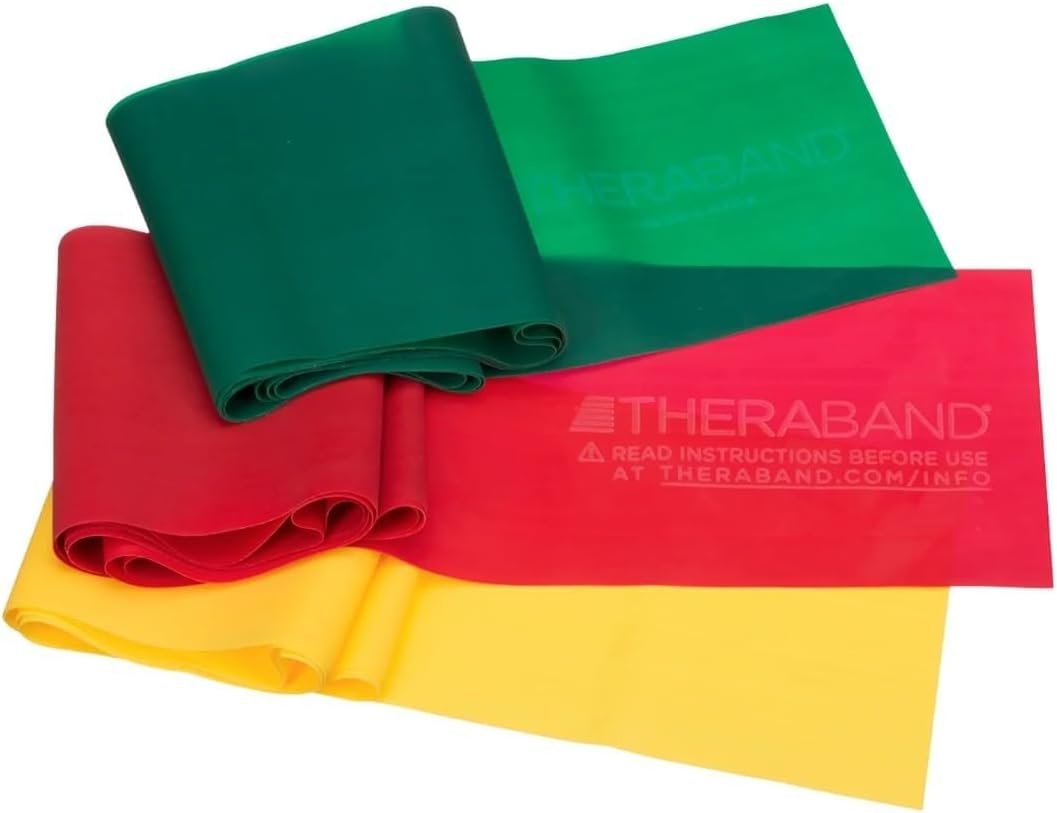 THERABAND Resistance Bands Set, Beginner Kit, Yellow, Red, Green, Non-Latex Elastic Bands for Exercise & Physical Therapy, Strength Training for Upper & Lower Body Fitness