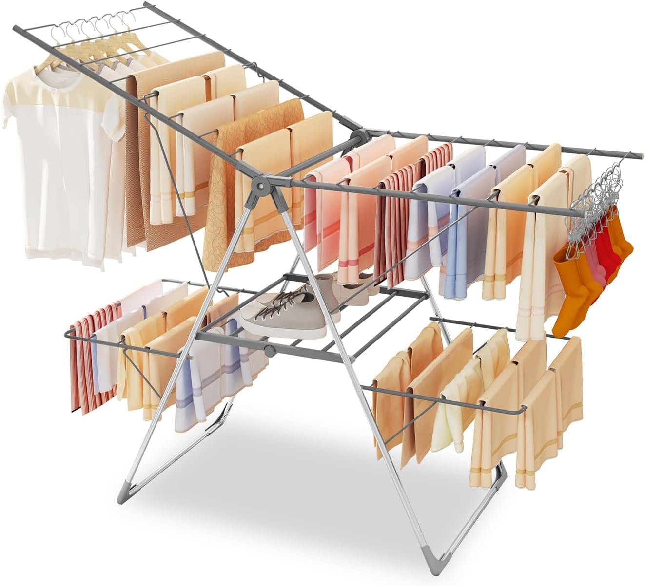 Bigzzia Clothes Drying Rack Foldable, 2-Level Large Laundry Drying Rack Collapsible, Stainless Steel Drying Rack Clothing for Indoor Outdoor, Easy to Fold, 33 Drying Rails, 56.1″ L × 22.7″ W, Gray