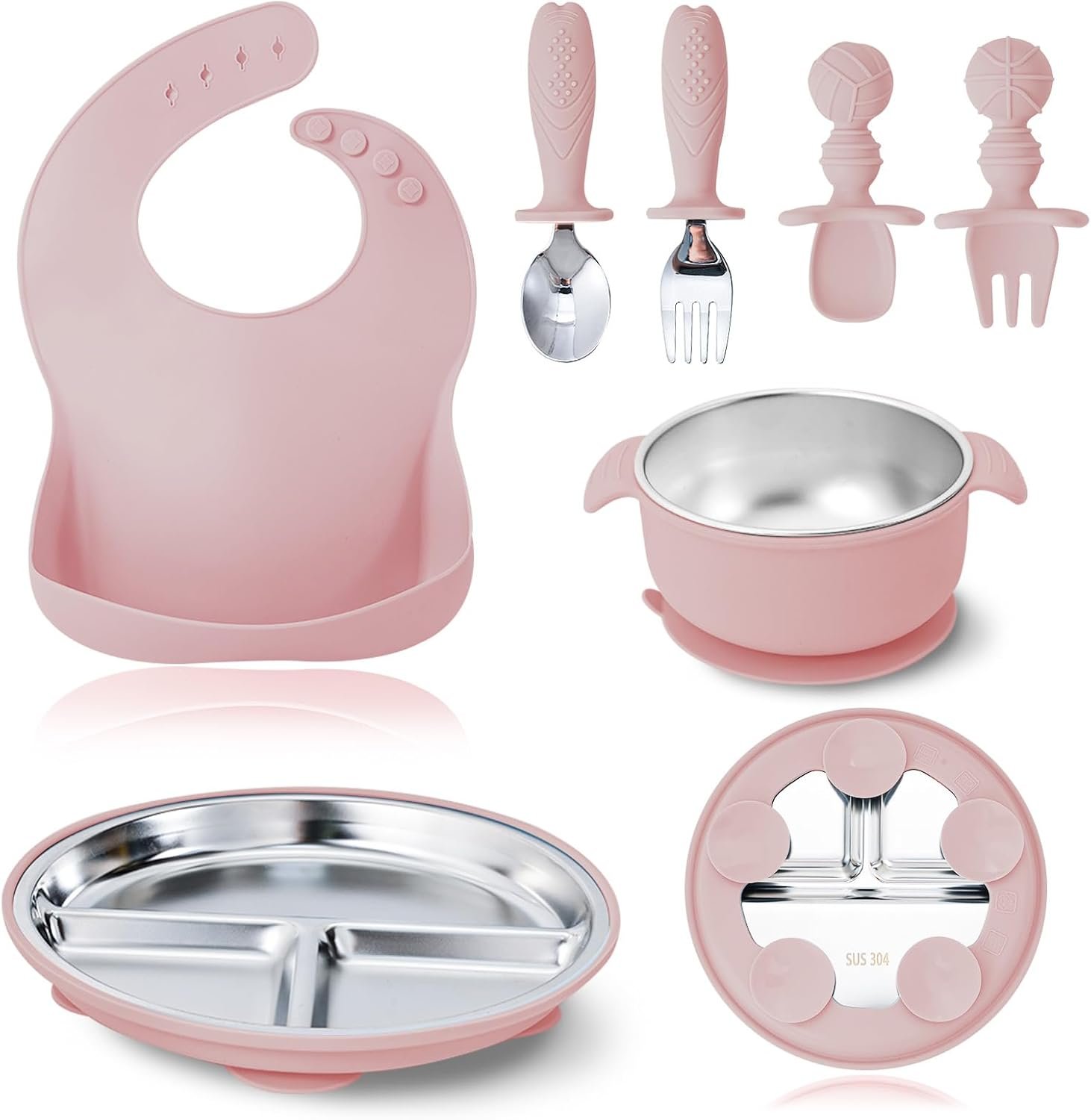 7 Pieces 304 Stainless Steel Baby & Toddler Feeding Set – Suction Divided Plates, Bowls, Silicone & Stainless Spoon Fork,Pocket Bib Unbreakable, Dishwasher Safe Kids Dinnerware Essentials (Pink)