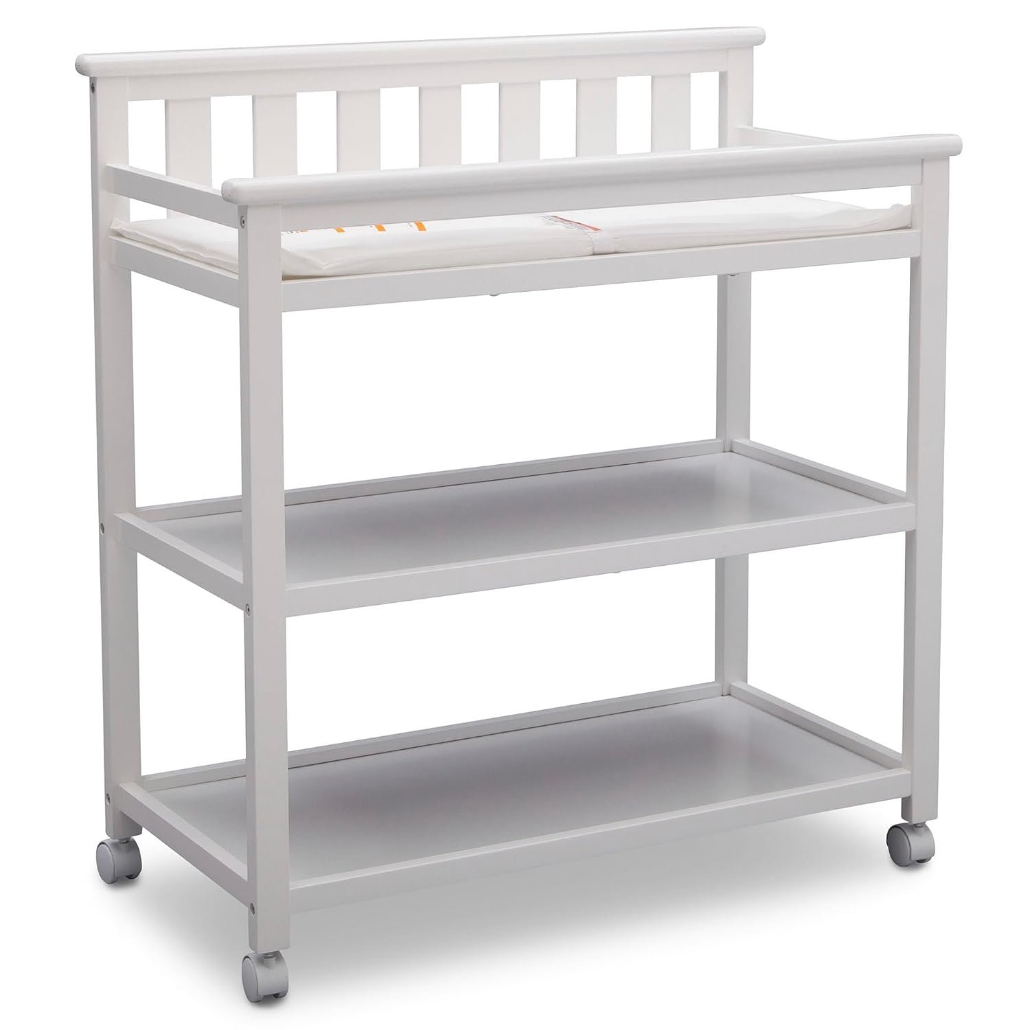 Delta Children Flat Top Changing Table with Wheels and Changing Pad – Greenguard Gold Certified, Bianca White