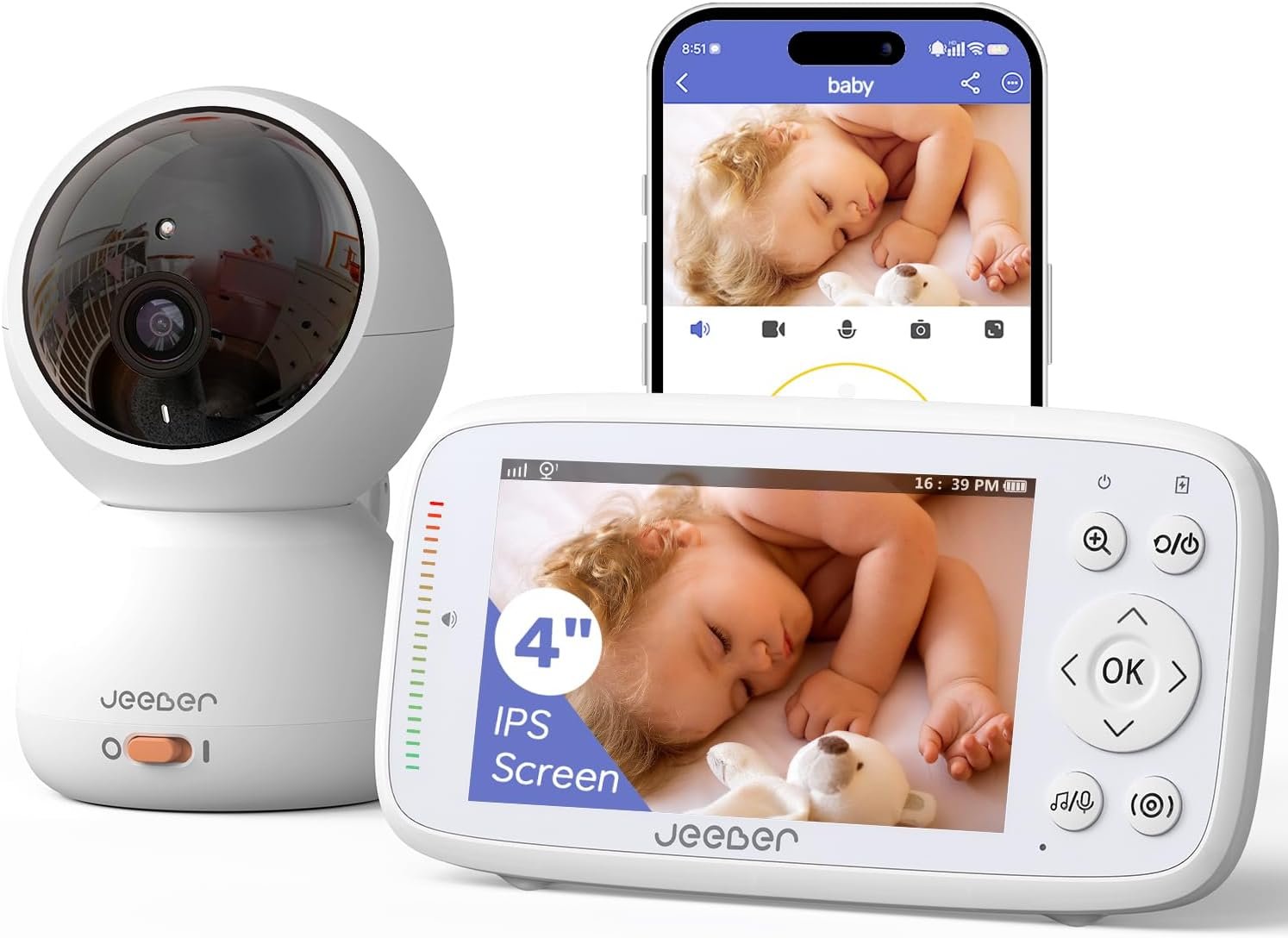1080P WiFi Baby Monitor with Camera and Audio, Pan-Tilt-Zoom Video Camera, 4” IPS Screen, HD Night Vision, Motion & Cry Detection, 360° View, Temperature Sensor, Feeding Reminder, Lullabies