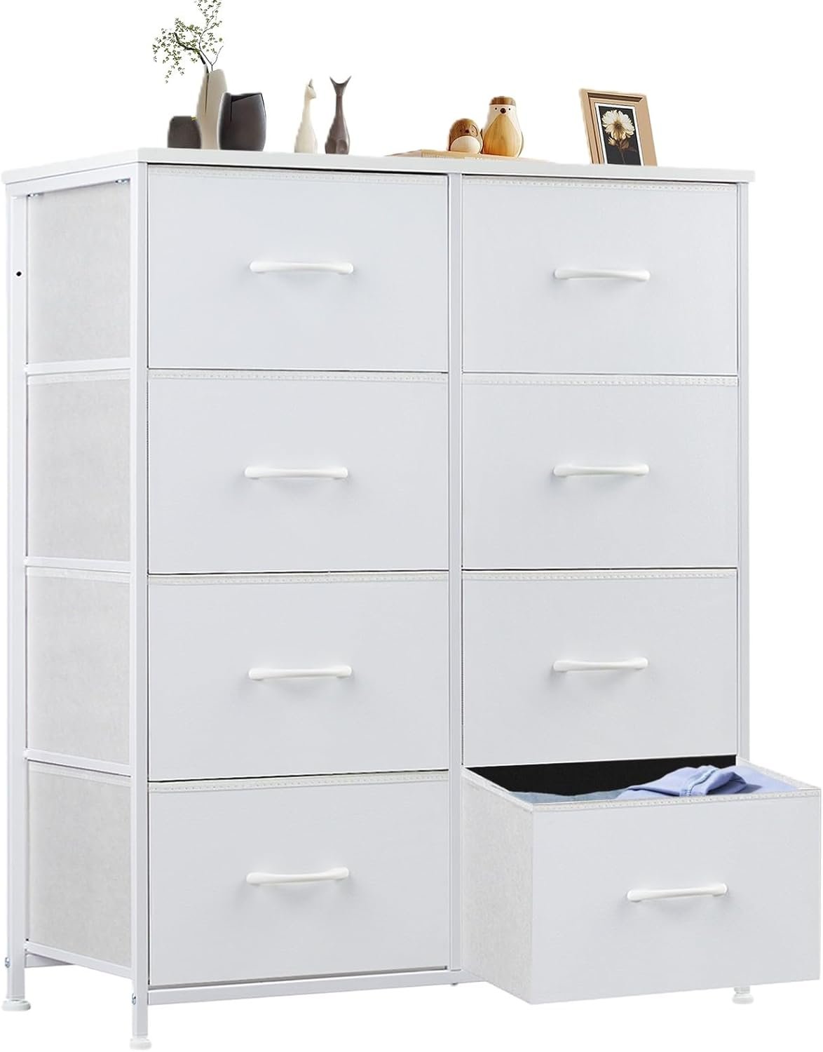 Sweetcrispy Dresser for Bedroom, Chest Organizer Unit with 8 Fabric Bins, Fabric Storage Tower, Drawer Organizer with Steel Frame, Wooden Top for Living Room, Closet