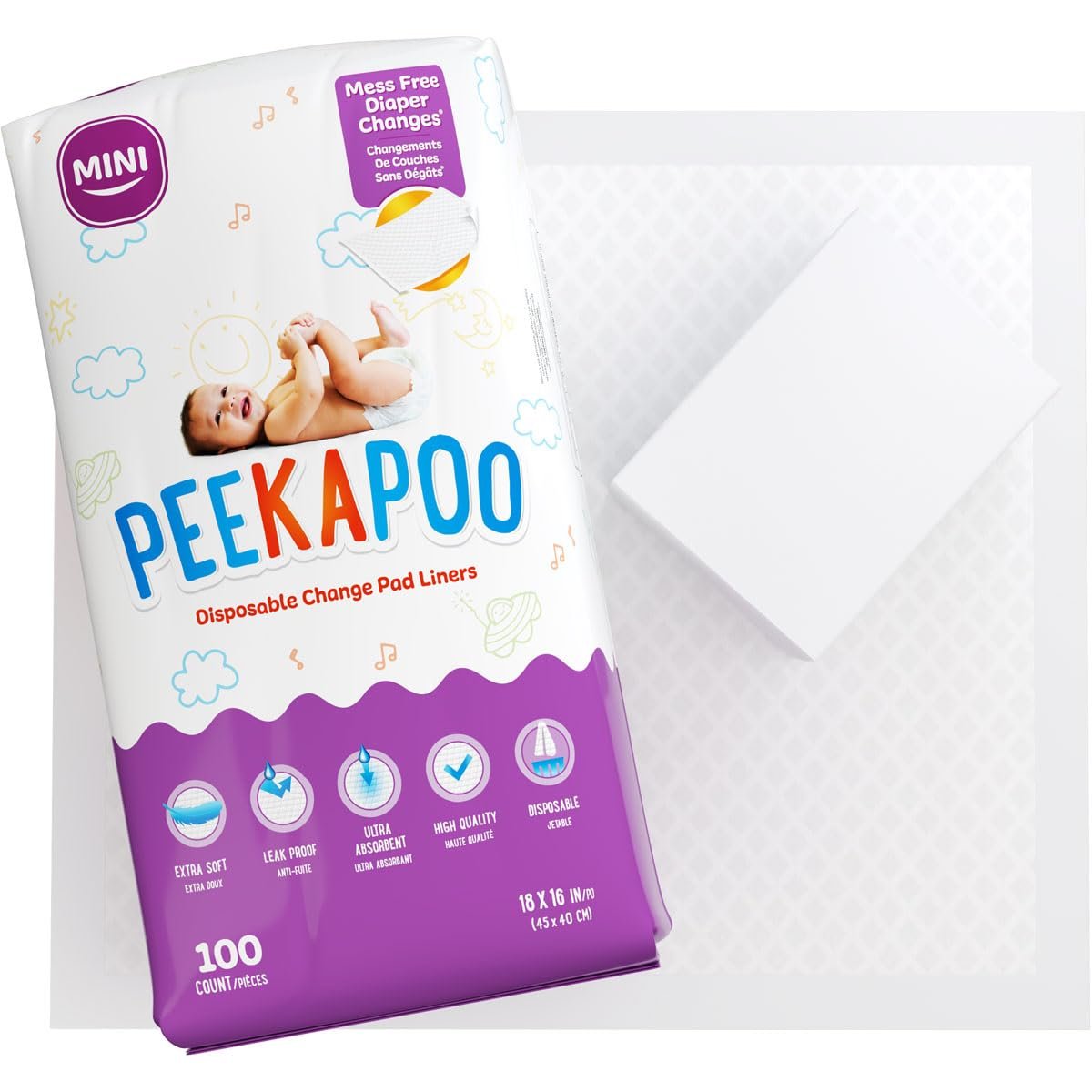 Peekapoo Disposable Changing Pads for Baby – 100 Pack – 18 x 16 Inches – Waterproof Absorbent Changing Pad Liners – Travel Mat for Diaper Changes