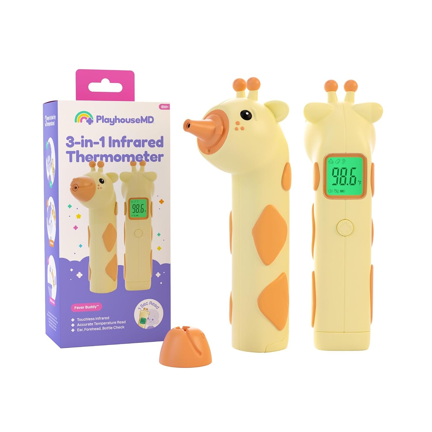 Playhouse MD Baby Thermometer for Kids – Digital Infrared No-Touch Forehead & Ear Thermometer, 3-in-1 Contactless Thermometer with Fever Indicator, Fever Buddy Giraffe