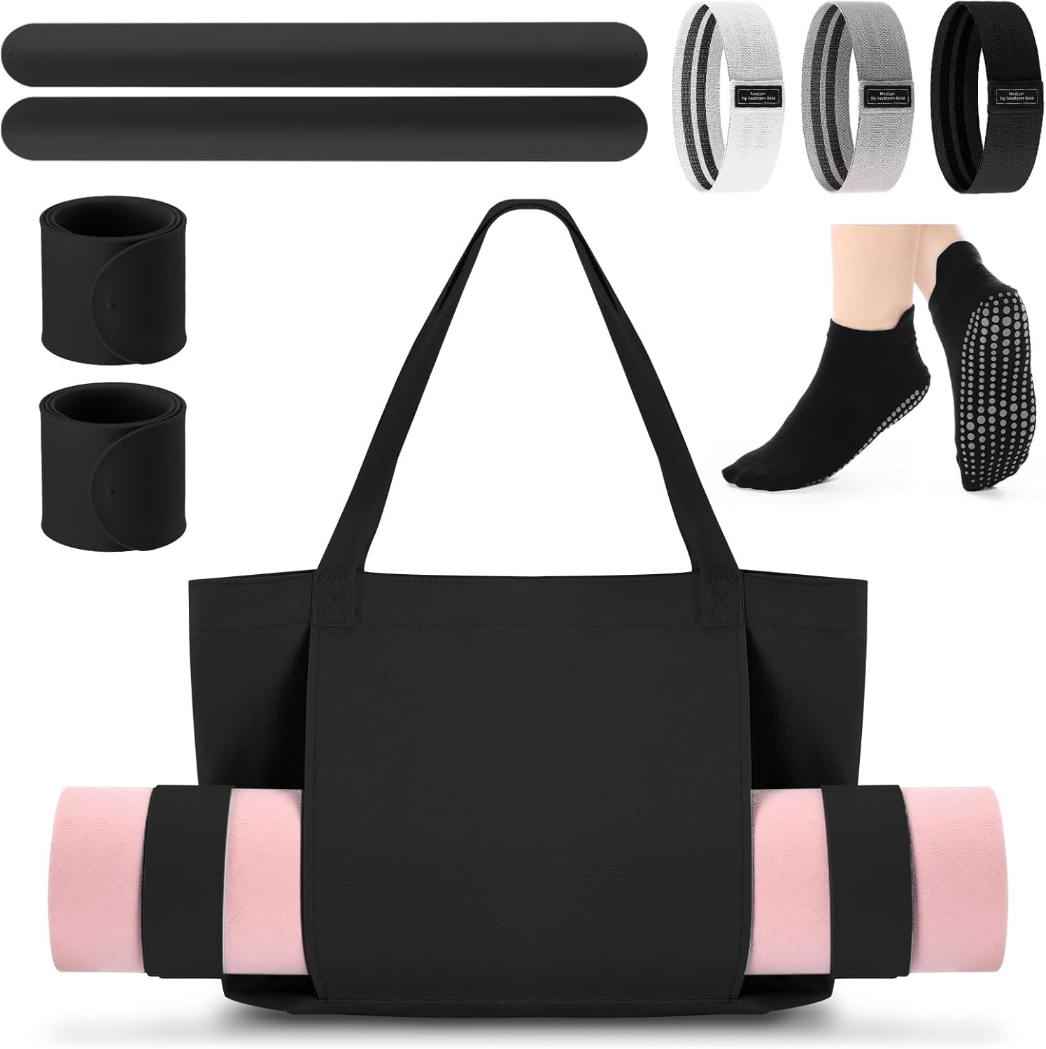 Halloscume Yoga Bag Set for Women Including Yoga Mat Tote Bag, Booty Resistance Bands, Non Slip Sports Socks Silicone Ties for Pilates Travel Workout Office Home Gym