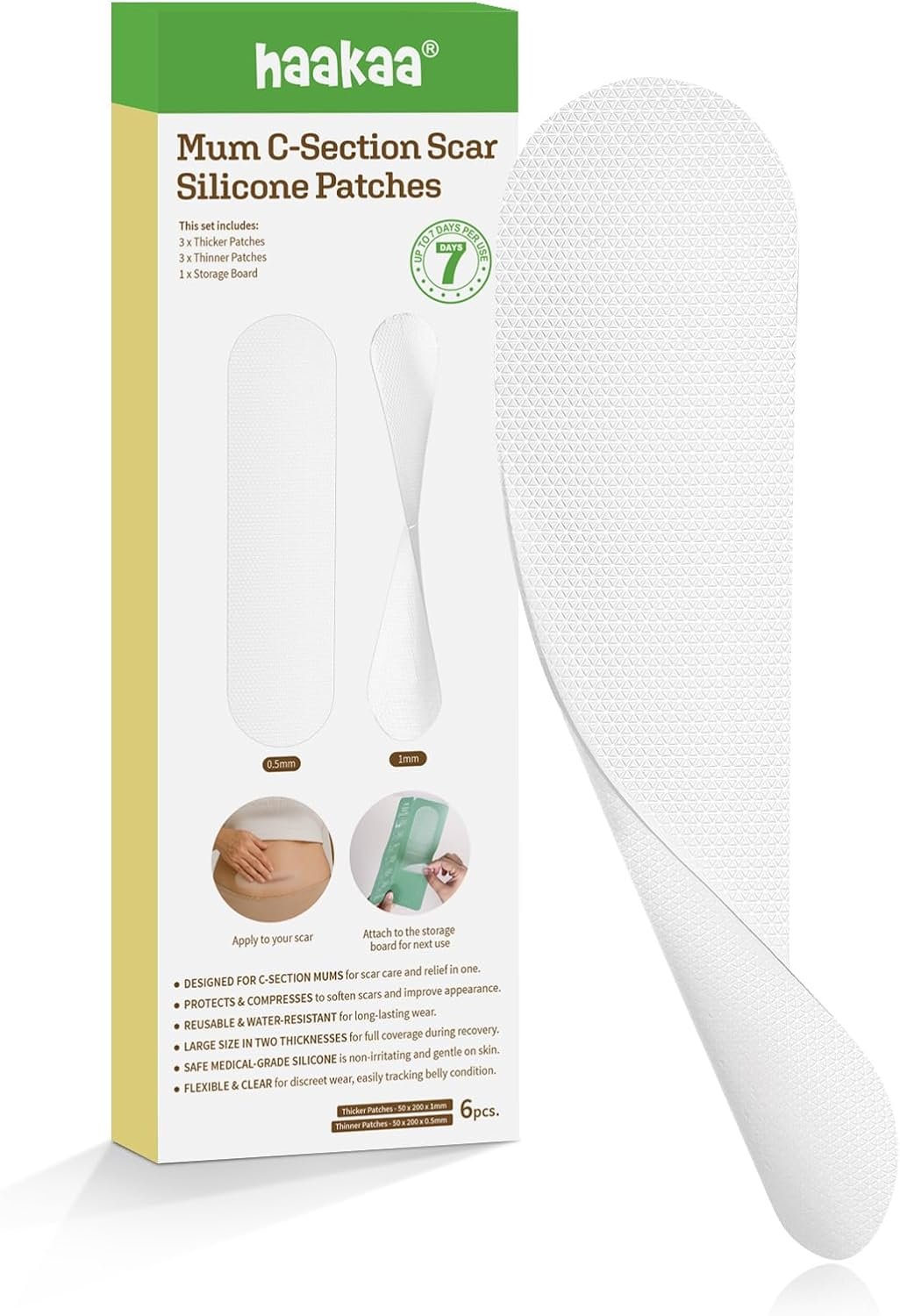 haakaa C Section Scar Silicone Strips, 0.5mm & 1mm Medical Grade Silicone Scar Treatment for Postpartum Recovery, Reusable Silicone Scar Sheets for C-Section & Surgery Scars, Includes Storage Board