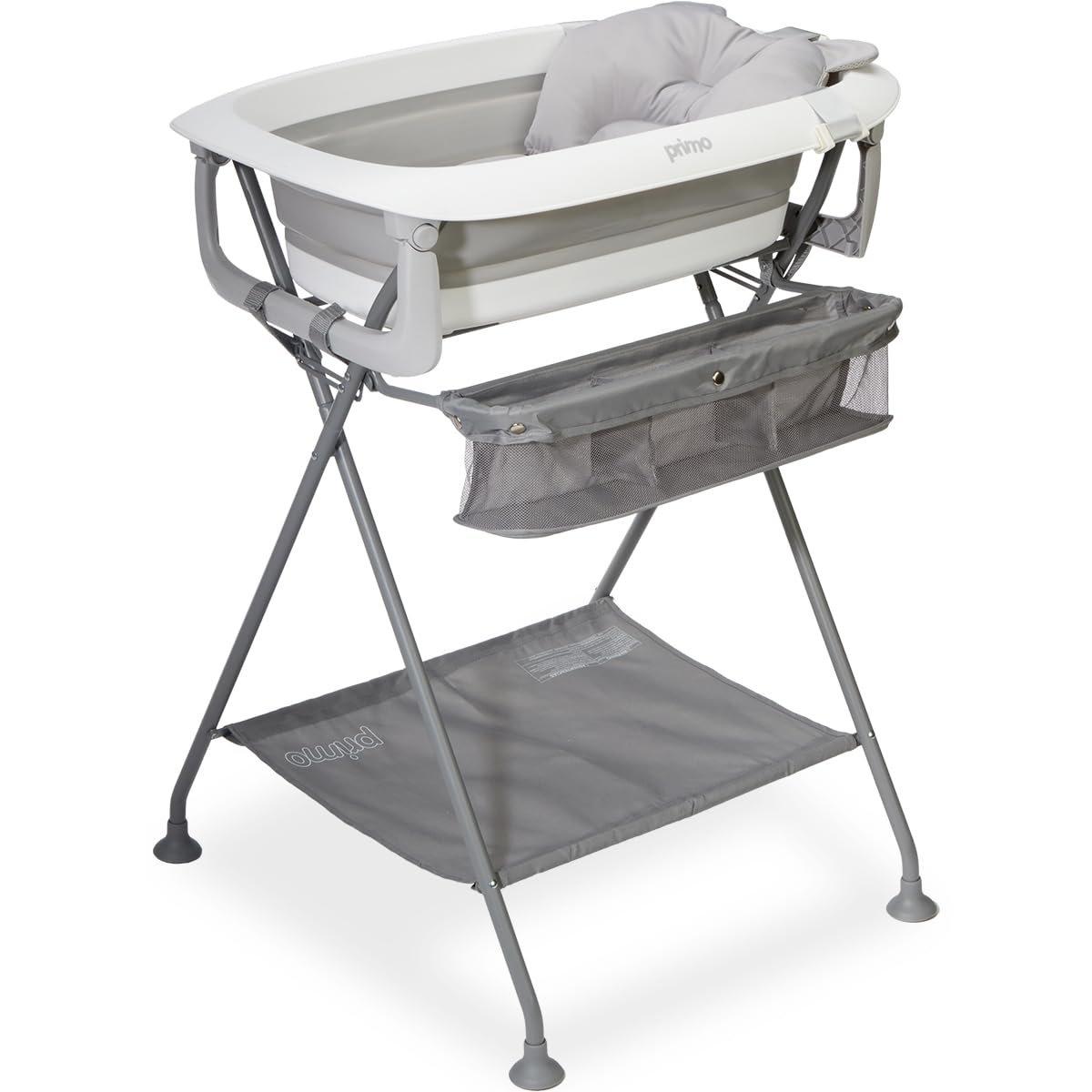 Primo SquishSplash Collapsible Baby Bath & Folding Stand With Ergonomic Infant Cushion for Newborns & Toddlers – Complete Bathing Station – Compact Space Saving Design, Ages 0-24 Months