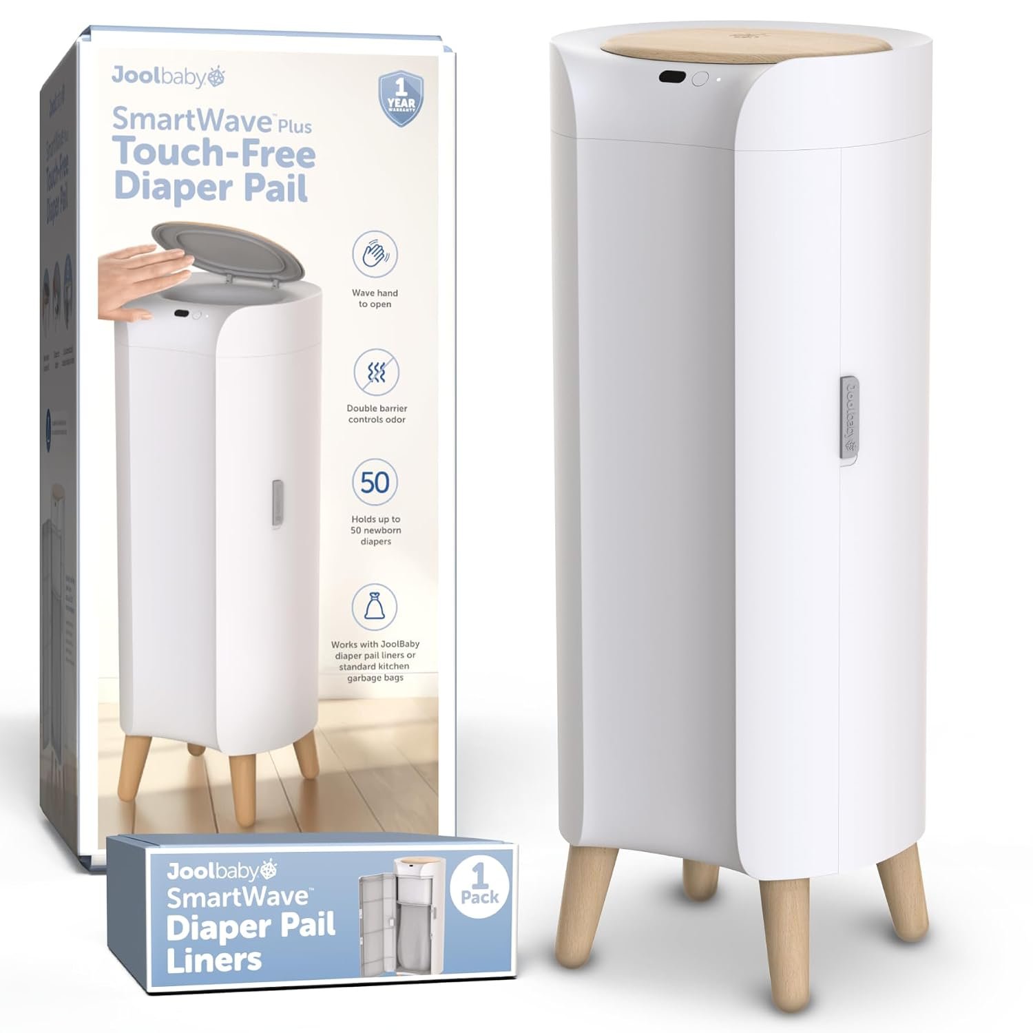 Jool Baby SmartWave Plus Diaper Pail & Refill – Motion Sensing Lid with Odor Lock – Compatible with Regular Trash Bags – Holds up to 50 Newborn Diapers