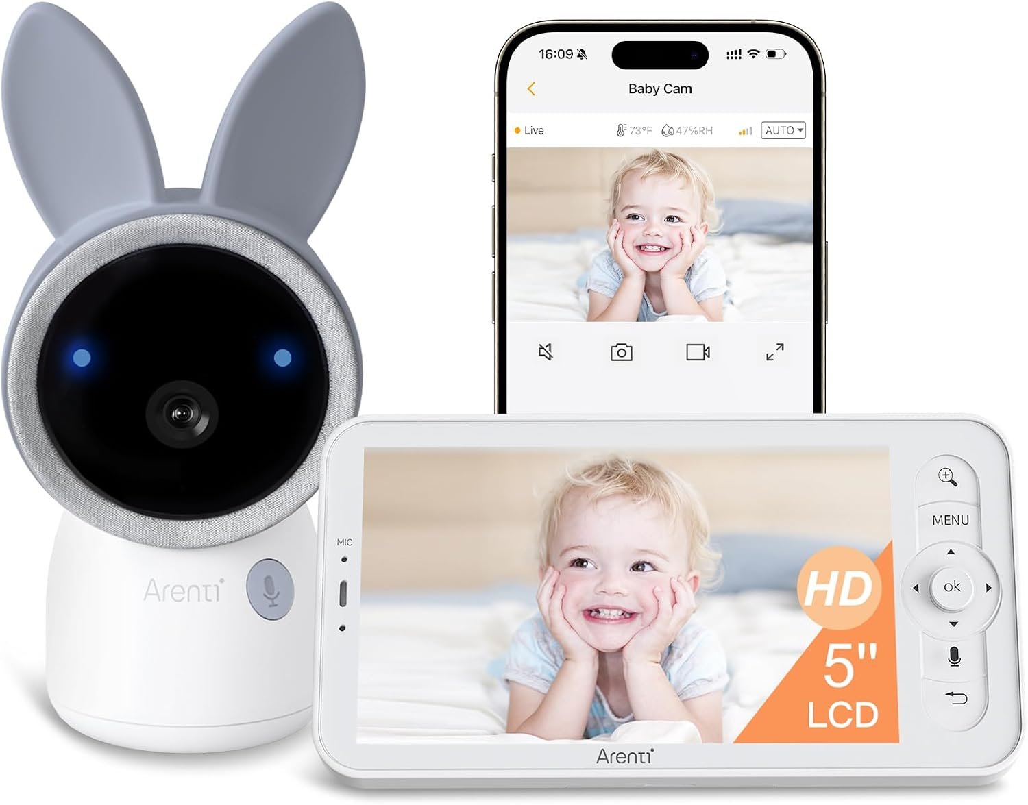 ARENTI Baby Monitor with Camera and Audio, 4MP Video Baby Monitor with 5″ Screen, Dual-Band 2.4G/5G WiFi with App, Cry & Motion Detection, Auto Tracking, Temp&Humidity Sensor, Night Vision,2-Way Talk