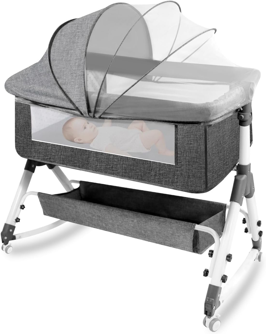 AOBOTE Baby Bassinet,Foldable Newborn Crib with Mosquito Net and Wanxiang Silent Wheel, Adjustable Height,Bassinet Bedside Sleeper (AB010011-1)