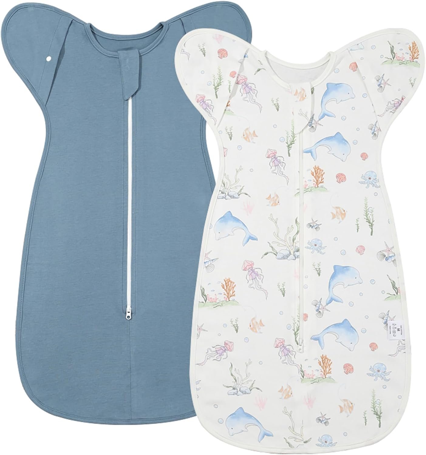 ANYEDDE 2-Pack Baby Swaddle – Arms Up Swaddle 3-6 Months for Baby Boys, Newborn Sleep Bag with Cuff Removable & 2-Way Zipper Design, Blue Dolphin
