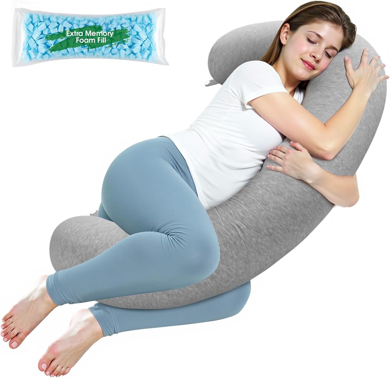 SweetSlubr Memory Foam Body Pillow, Pregnancy Pillows for Sleeping, Long Full Body Pillow for Adults, C-Shaped Maternity Pillow Leg Pillow for Side Sleeper with Adjustable Firmness, 47.2’’ x 9.8”