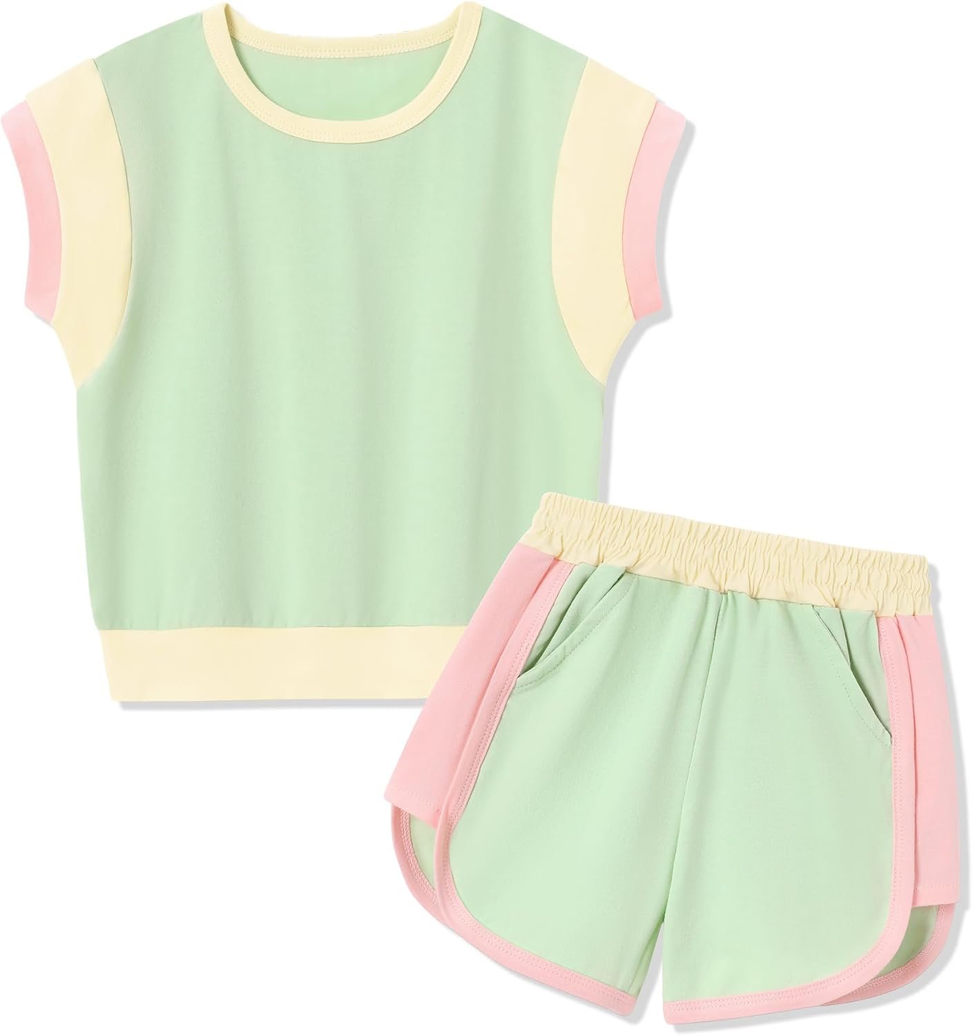 SANMIO Toddler Girl Clothes Summer Toddler Girls Color Block Short Sleeve Shorts Sweatsuit Outfits 2 Piece Clothing Set