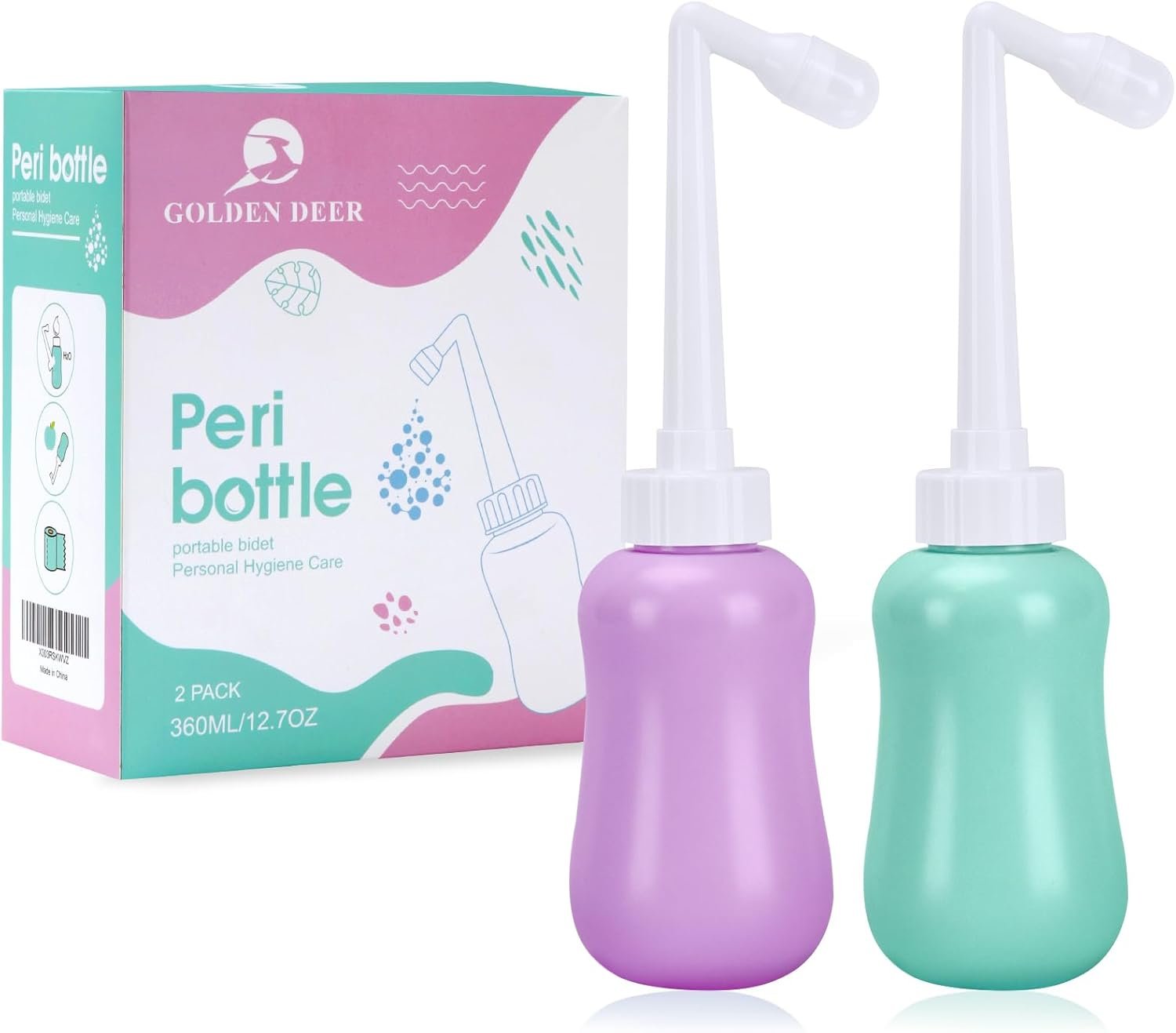 GOLDEN DEER 2 Pack Peri Bottle for Postpartum Care for Perineal Recovery 12.7 OZ Purple&Turquoise