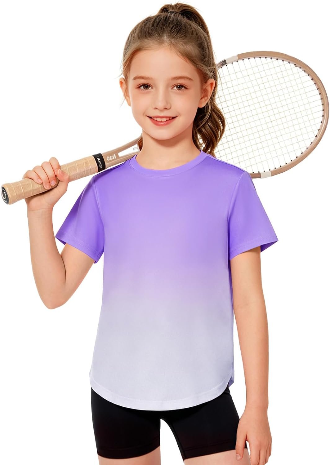 Haloumoning Girls Gradient Short Sleeve Athletic Shirts Kids Summer Crewneck Quick Dry Tees with Curved Hem 5-14 Years