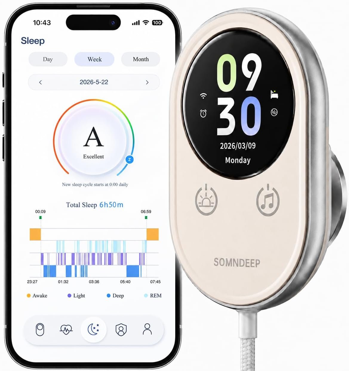 Contactless Smart Sleep Tracker, Non-Wearable 60GHz Radar Sleep Wellness Monitor, Bedside Sleep & Breathing Pattern Monitor for Nighttime Sleep Quality Trends