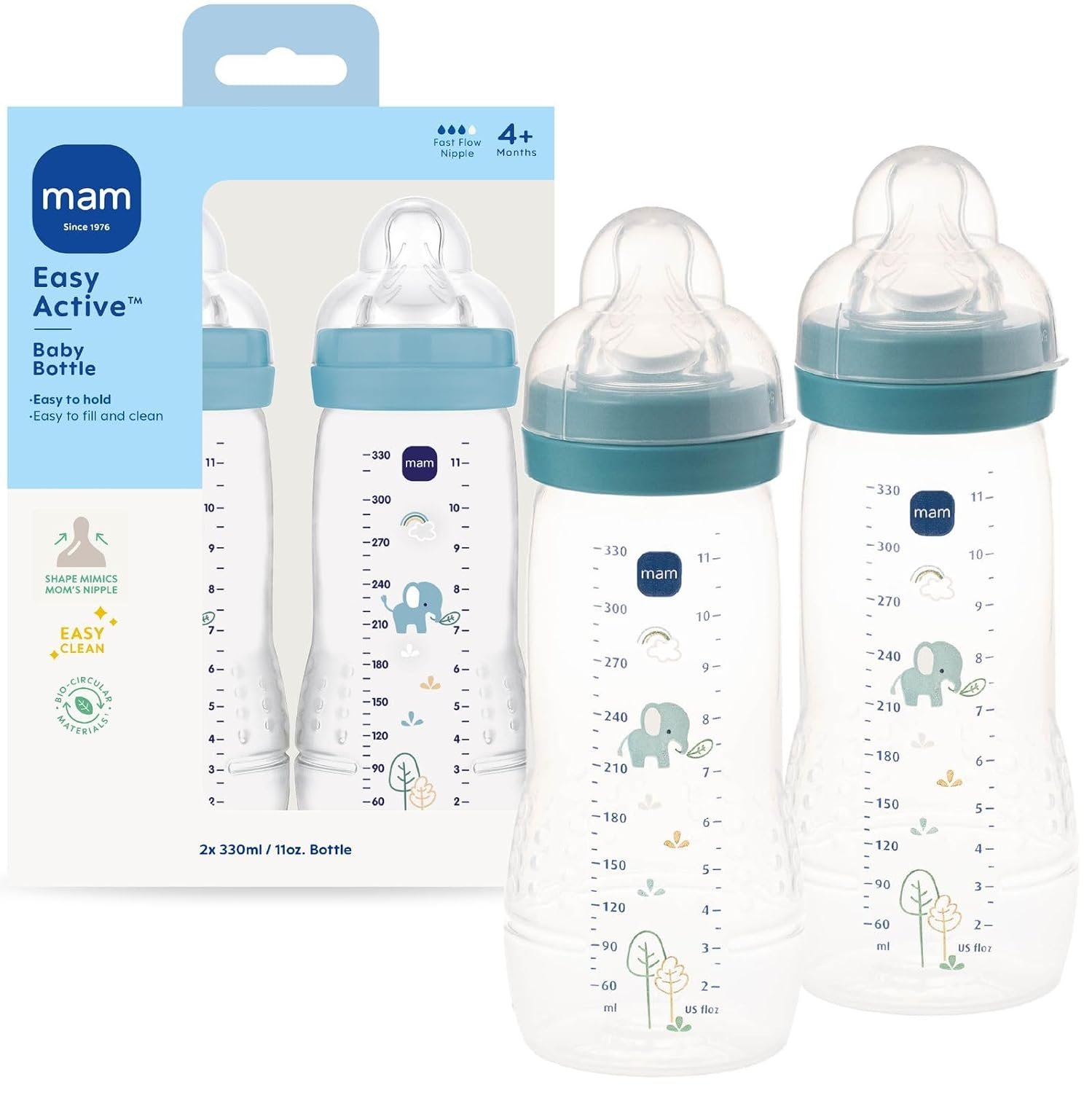 MAM Easy Active Natural Flow Anti-Colic Baby Bottle, 4+ Months, 2 Pack, 11oz, BPA Free, Fast Flow Skin Soft Anti-Colic Silicone Nipple, Anti-Slip Grip, Leak-Proof, Made in Europe, Blue Teal
