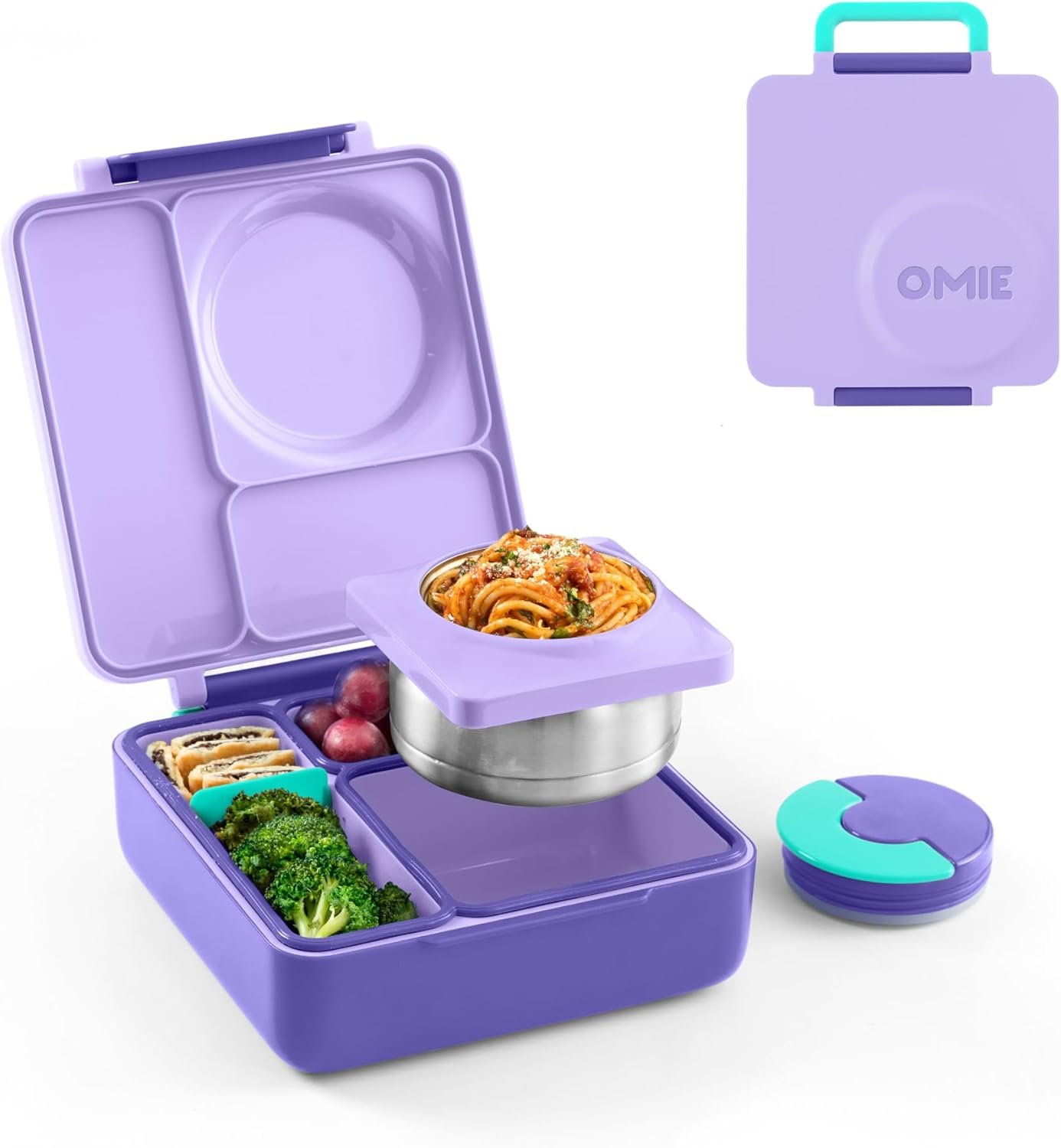 OmieBox Bento Box for Kids – Insulated Bento Lunch Box with Leak Proof Vacuum Insulated Food Jar – 3 Compartments, Two Temperature Zones (Purple Plum)