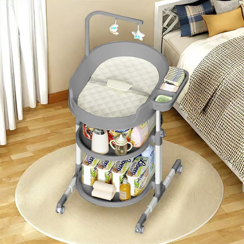 Diaper Changing Station, Portable Changing Table for Baby, Diaper Changing Table with Storage Drawers, Waterproof Baby Changing Station with Wheels and Adjustable Height for Newborn Infant (Grey)