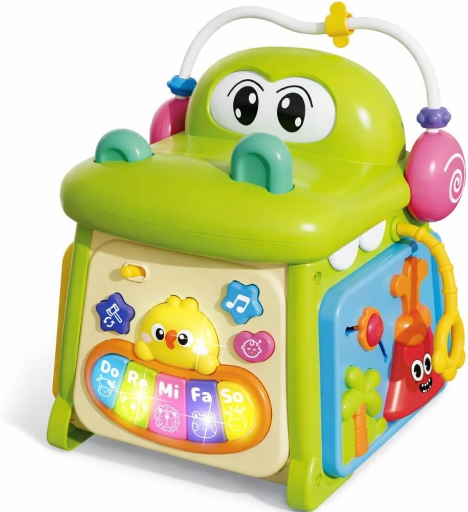 Qizebaby Montessori Activity Cube for Toddlers 1-3, Baby Activity Cube with Music & Lights, 8-in-1 Learning Toy with Shape Sorter & Bead Maze, Educational Toys for 12-36 Months Boys Girls
