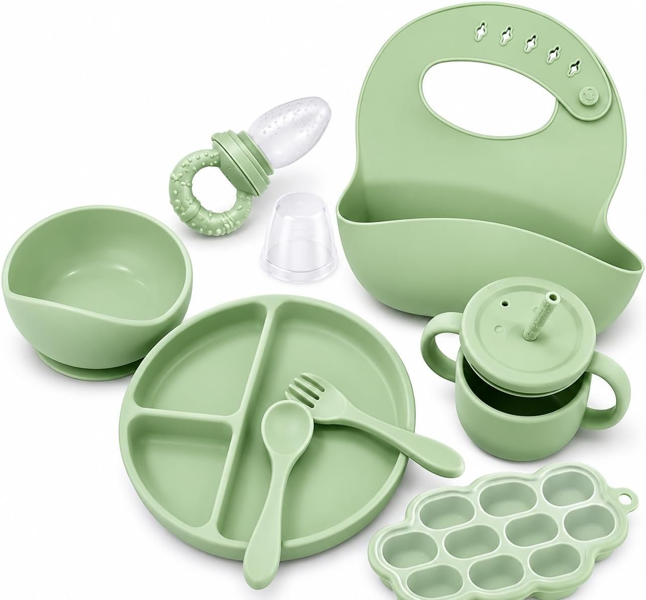 8 PCS Baby Feeding Set – Suction Plate, Bowl, Bib, Spoon, Fork, Fruit Feeder & Food Freezer Tray for Babies.