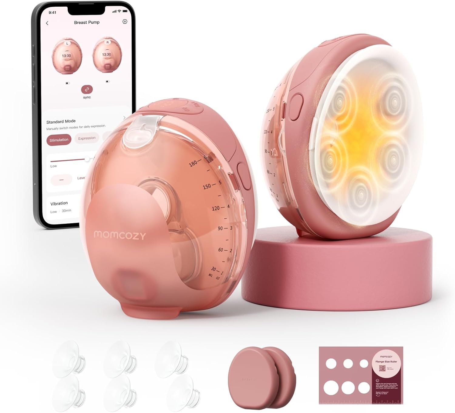 Momcozy Wellness 1 Wearable Breast Pump, Warm-Massage Hands-Free Pump with Heated Flange&Simulated Massage for Comfortable Breastfeeding&Let-Down, App-Controlled, 4 Modes 12 Levels, 180ml/6oz