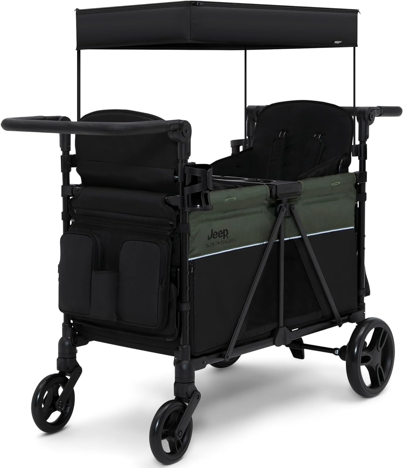 Jeep Aries Stroller Wagon by Delta Children Premium Wagon for 2 Kids with Convertible Seats, Adjustable Push/Pull Handles, Removable Canopy & Flat Fold – Greenguard Gold Certified, Black/Green
