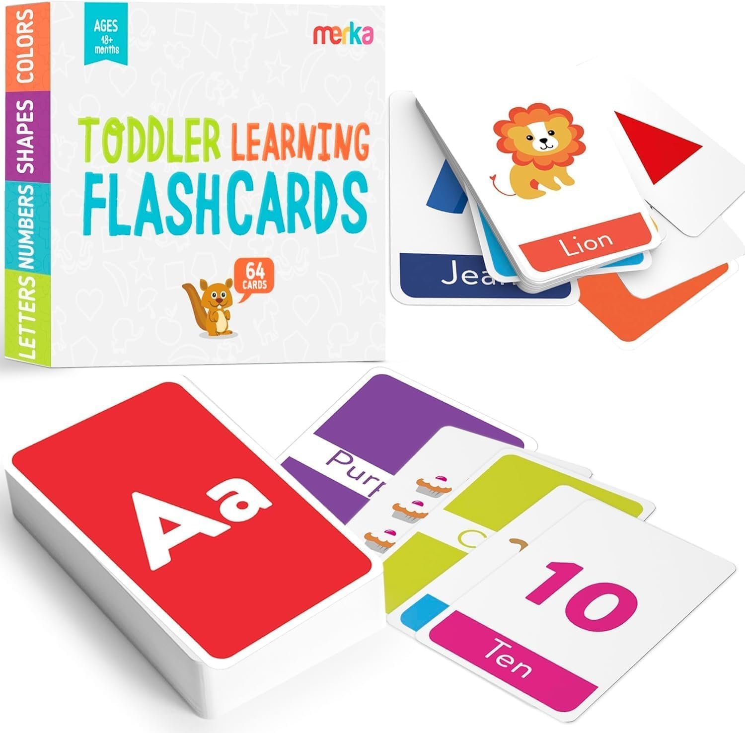 Merka Toddler Flash Cards – Interactive Alphabet Learning with Alphabet Flash Cards for Toddlers 1-3 – Pack of 64, 4.2″ x 2.4″ – Double-Sided for 1-4 Years Old – Multicolor