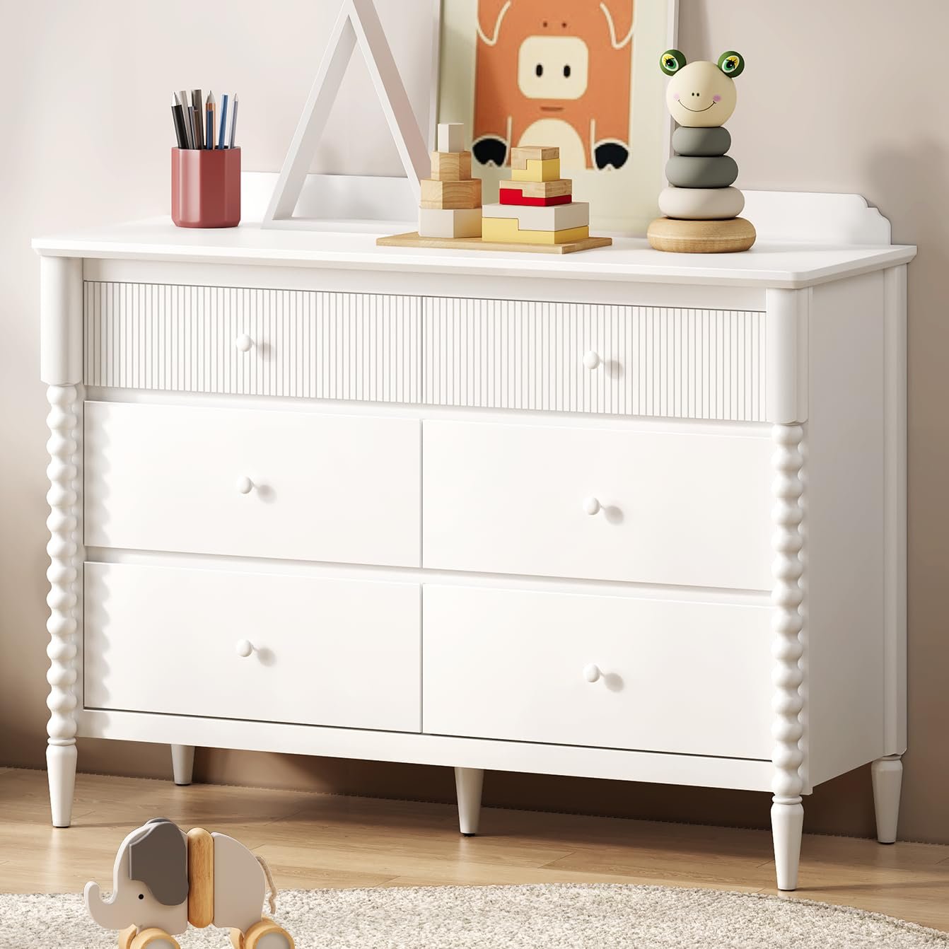 JOINICE 6 Drawer Dresser, Kids Dresser with Storage, Wide Chest of Drawers for Nursery, Wood Large Drawer Organizer Cabinet for Bedroom, Living Room, White