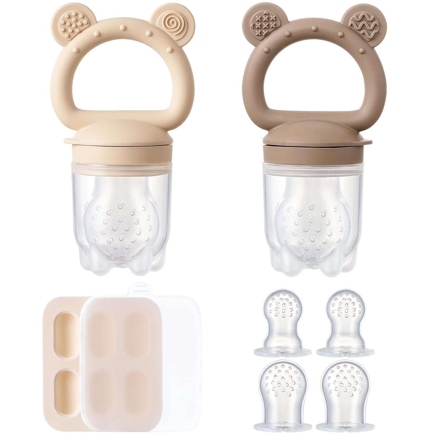 2 Pack Silicone Baby Fruit Feeder with Mini Freezer Tray, Breastmilk Popsicle Molds for Baby Teething Relief, Teethers, Fresh Food Feeder for Safe Infant Self Feeding, Extra Food Pouches – Chocolate