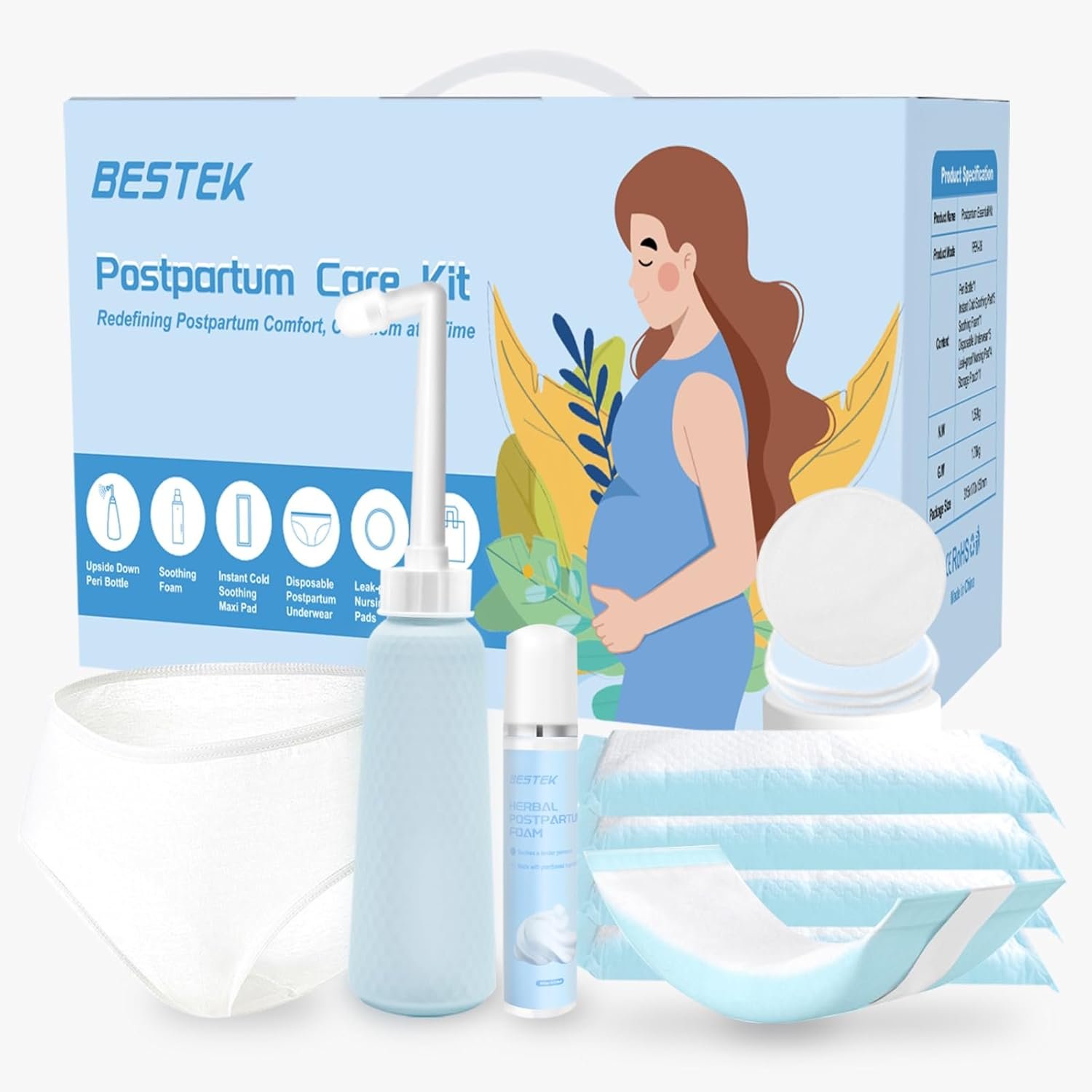 Postpartum Recovery Essentials Kit – Labor Delivery Mom Care Kit – Disposable Postpartum Underwear, Peri Bottle, Postpartum Ice Pack Pads, Reusable Nursing Pads, Herbal Foam, Canvas Bag Set 6 pack