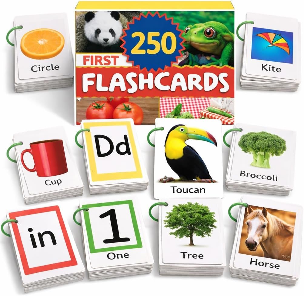250 Flash Cards for Toddlers 1-3 with Rings, Toddler Flashcards with ABC Flash Cards Included, Improve Talking Flash Cards, Toddler Flash Cards 1-2