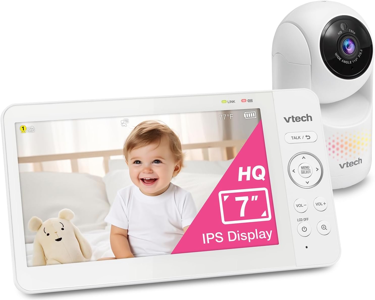 VTech Baby Monitor No WiFi, 7″ IPS Screen, 5000mAh 12Hr Battery, 360° PTZ, 4X Zoom, Night Vision, Night Light, 2-Way Talk, White | Advanced HQ Max