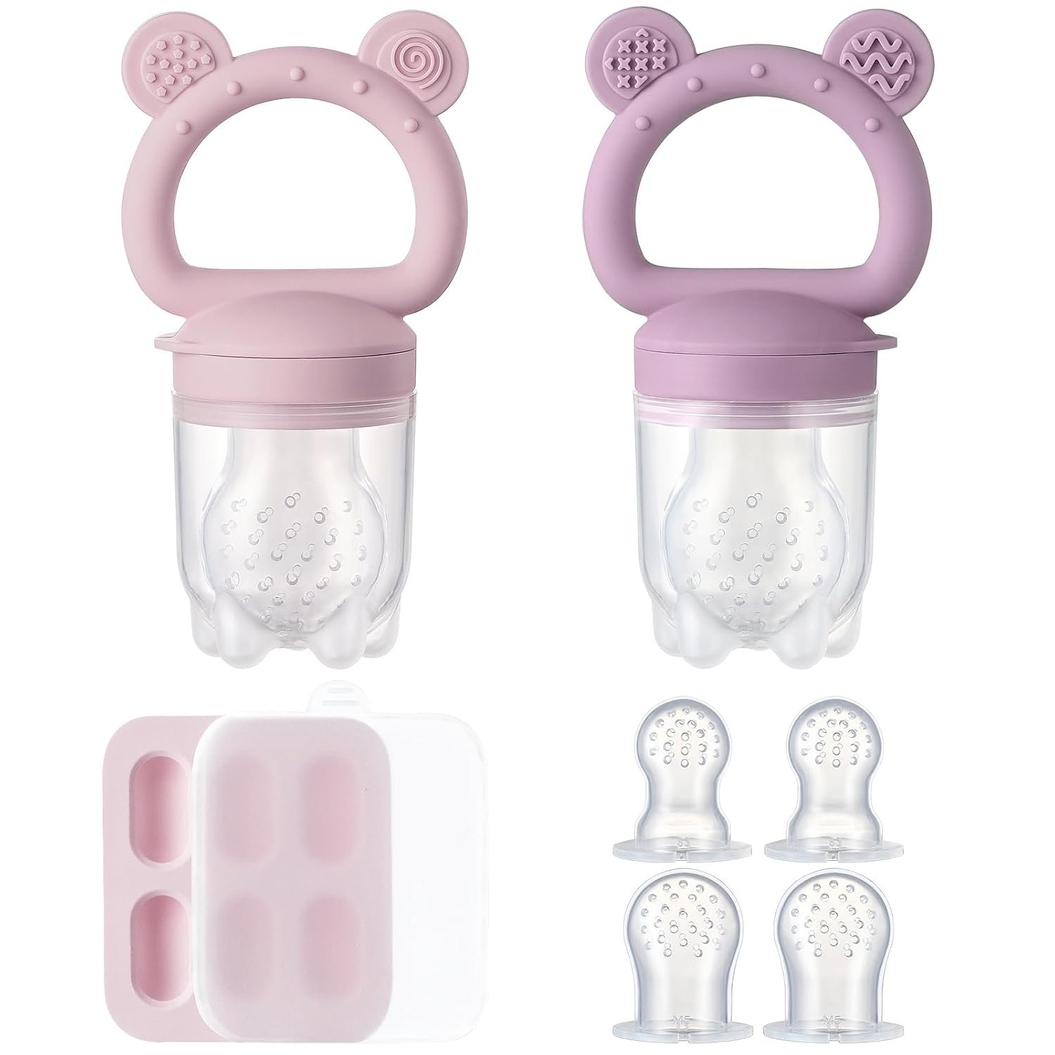 2 Pack Silicone Baby Fruit Feeder with Mini Freezer Tray, Breastmilk Popsicle Molds for Infant Teething Relief, Baby Teethers, Fresh Food Feeder for Safe Infant Self Feeding – Purple