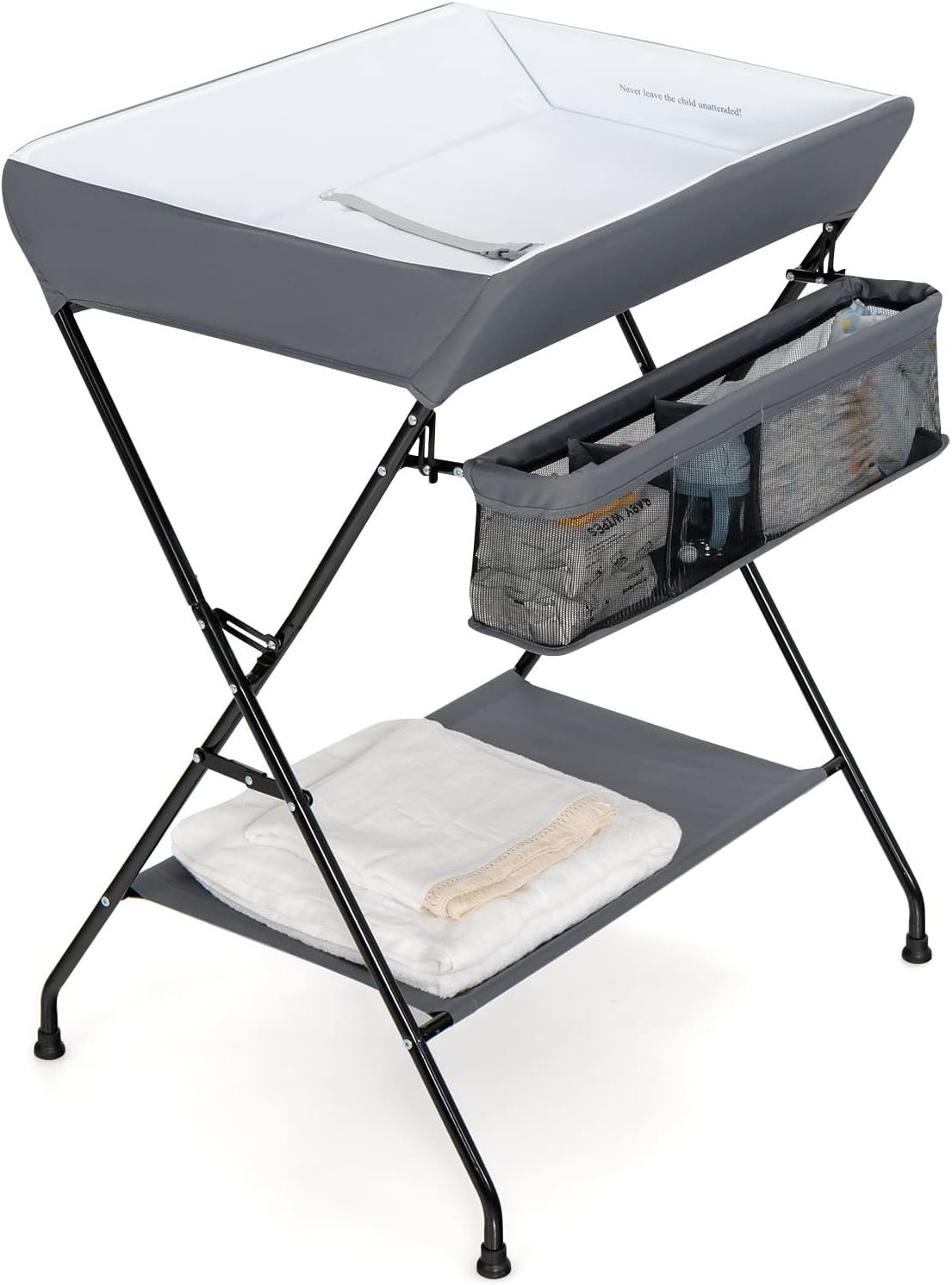Costzon Changing Table, Portable Baby Changing Table Foldable Diaper Changing Station with Safety Belt, Large Storage Rack & Shelf, Nursery Organizer for Newborn Infant (Dark Gray)