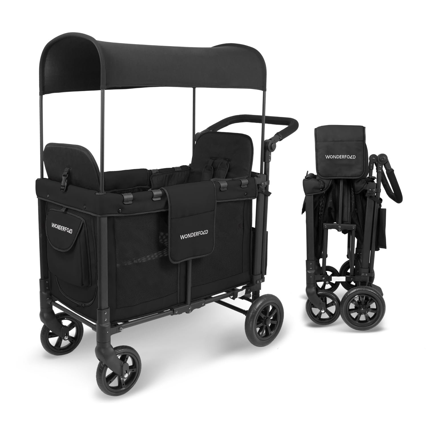 WonderFold W2 Stroller Wagon – Foldable Wagon with Steel Frame – Canopy & Adjustable Push Handle – All-Terrain Wheels – for Babies, Toddlers & Kids – 2 Seater – Black