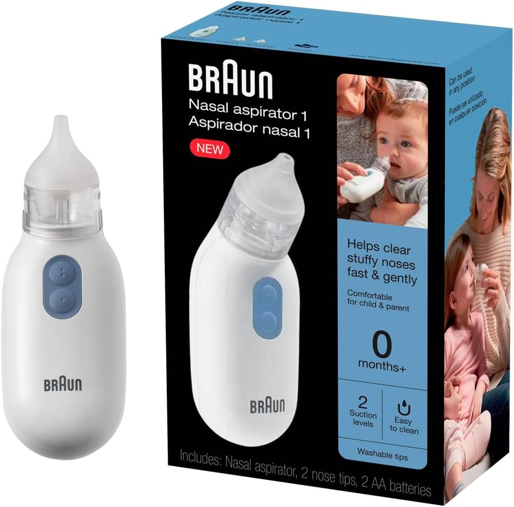 Braun Electric Nasal Aspirator – Mucus Remover, Blocked Nose Relief for Newborn, Baby and Toddler, Electric Suction Power, 2 Suction Levels, 2 Nose Tip Sizes, Dishwasher Safe, FSA and HSA Eligible