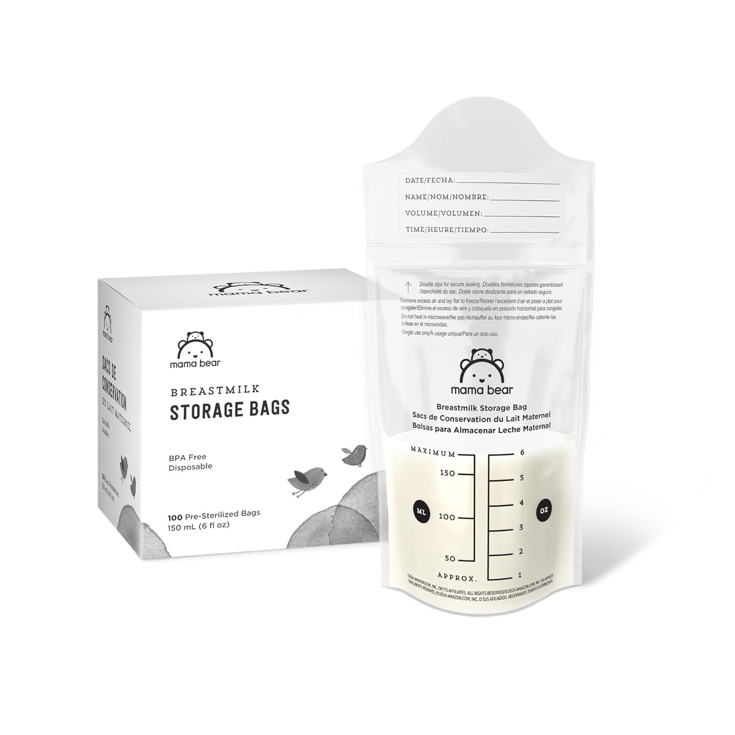 Amazon Brand – Mama Bear Breastmilk Storage Bags, Pre-Sterilized, BPA Free, Double Zips, for Refrigeration and Freezer Storage, 100 Count, 6 fl oz