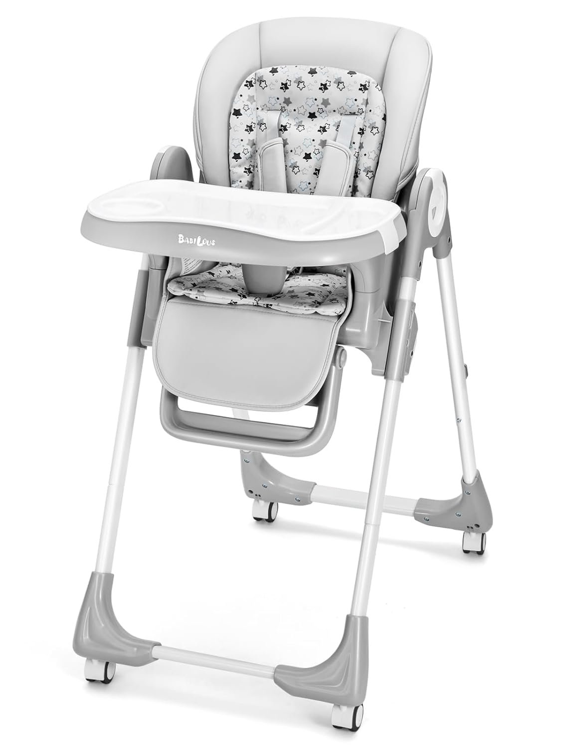Babilous Foldable High Chair with Soft Cushion, High Chairs for Babies and Toddlers, Height Adjustable Feeding Chair, Adjustable Backrest and Footrest, Lockable Wheels, Star Gray